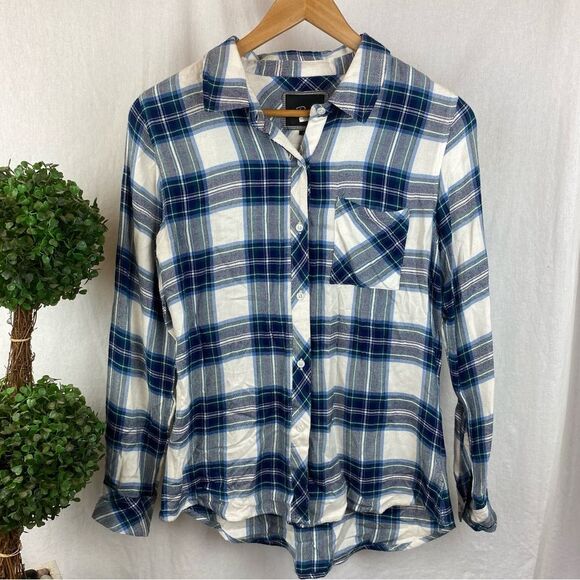 Rails Ivory & Blue Plaid Gingham Checker Long Sleeve Soft Button Up Top S - Picture 2 of 6